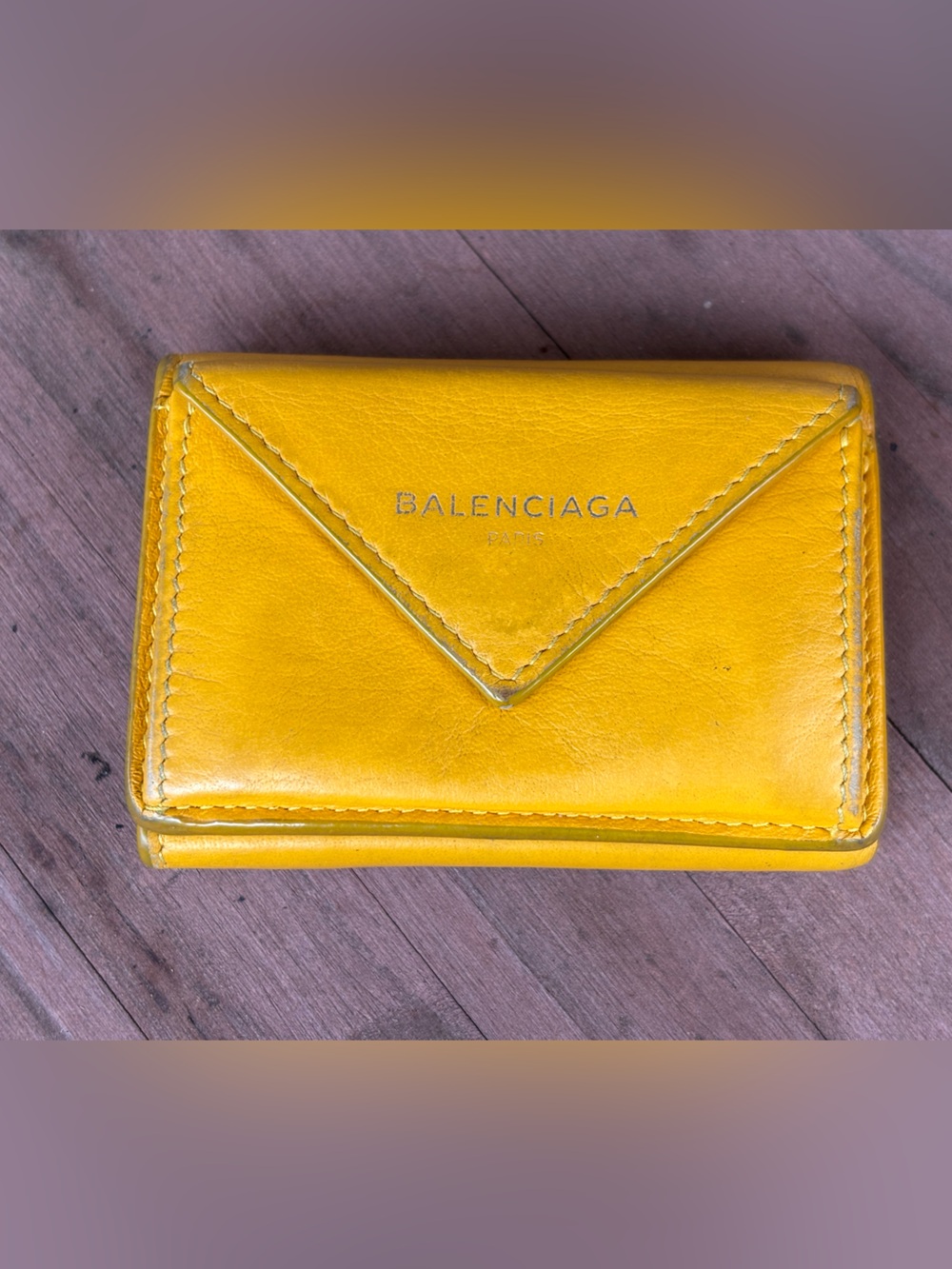 Balenciaga Yellow Leather Zip Wallet with Logo Detail